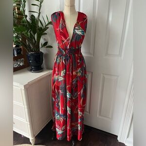 Tropical Red Sheer Plunge Neck Maxi Dress